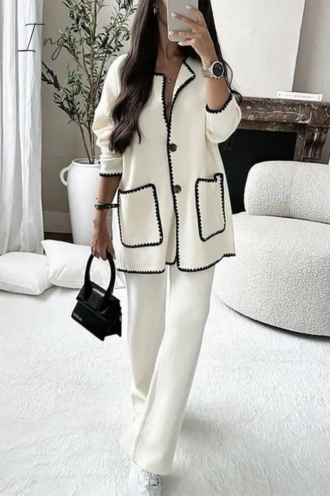 Ingvn - Casual Solid Patchwork Frenulum Long Sleeve Two Pieces White / S Pieces/Two-Piece Pants Set