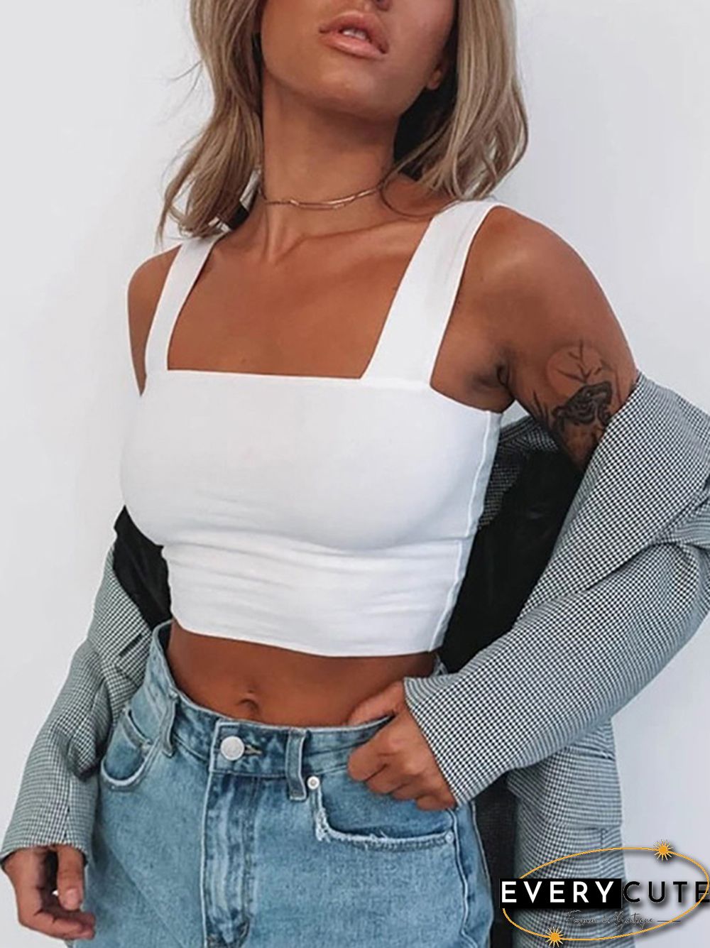 Square Neck Sleeveless Summer Crop Top-White Womens Black Casual Basic T-Shirt-Off