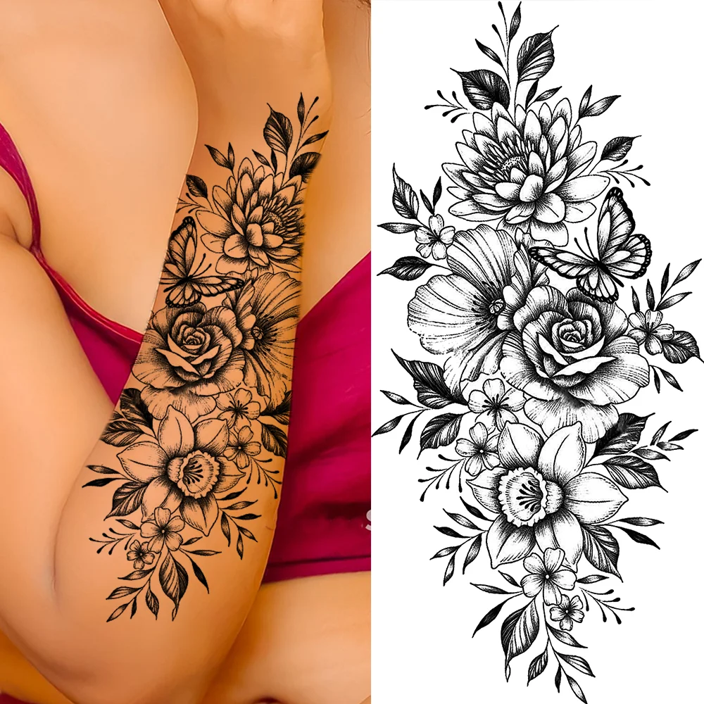 Sdrawing Sunflower Butterfly Temporary Tattoos For Women Adult Rose Flower Moon Fake Tattoo Arm Body Art Decoration Tatoo Paper