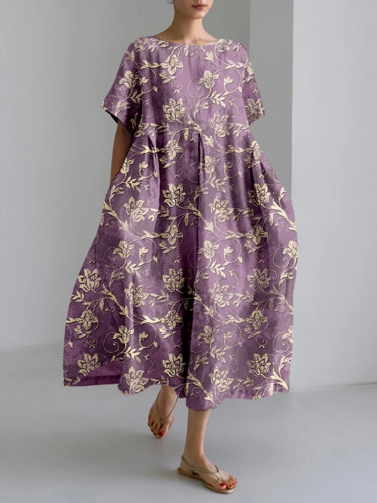 Vintage Floral Pattern Linen Blend Cozy Maxi Dress