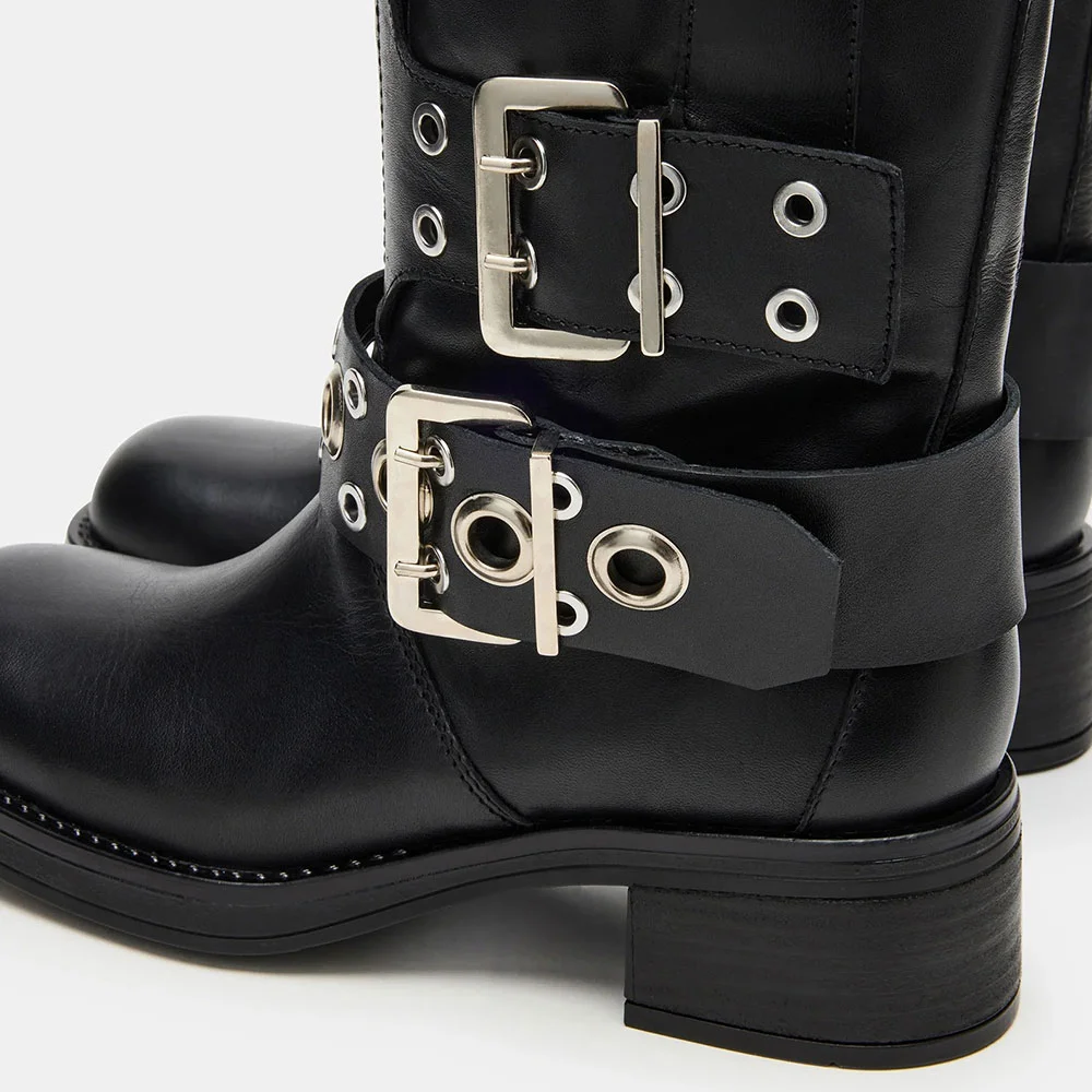 Black Square Toe Chunky Heel Buckle Grommet Knee High Boots for Women