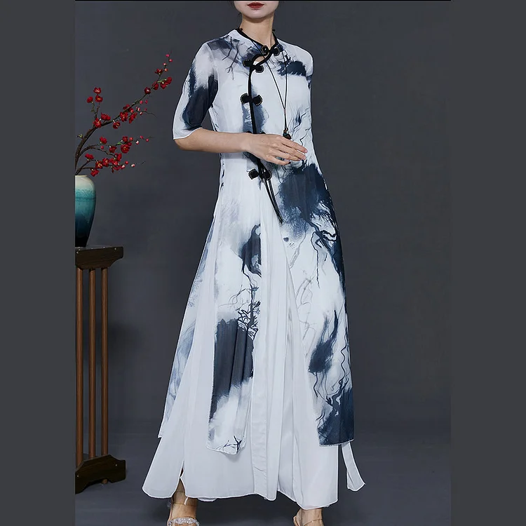 Elegant White Tie Dye Silm Fit Silk Oriental Two Piece Set Summer