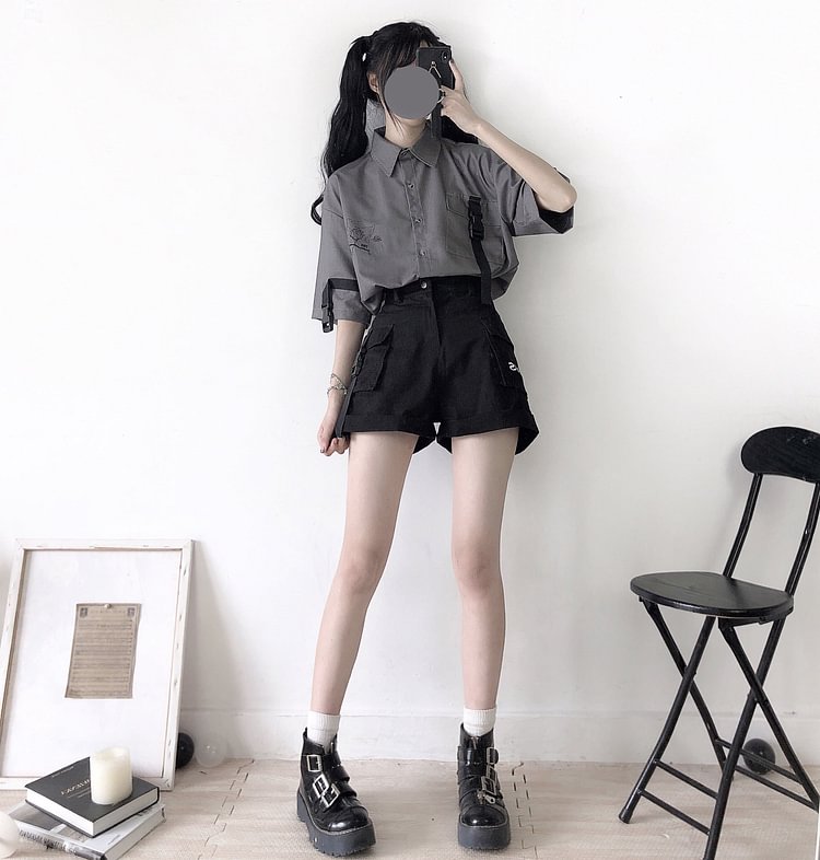 Retro Grey White Printed Shirt And Shorts Two-piece Set SP15057