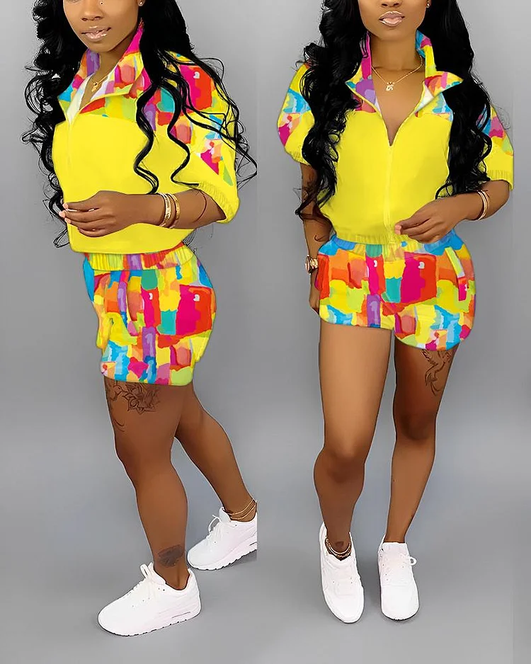 Melting Colors All Over Print Zip Detail Top & Shorts Set