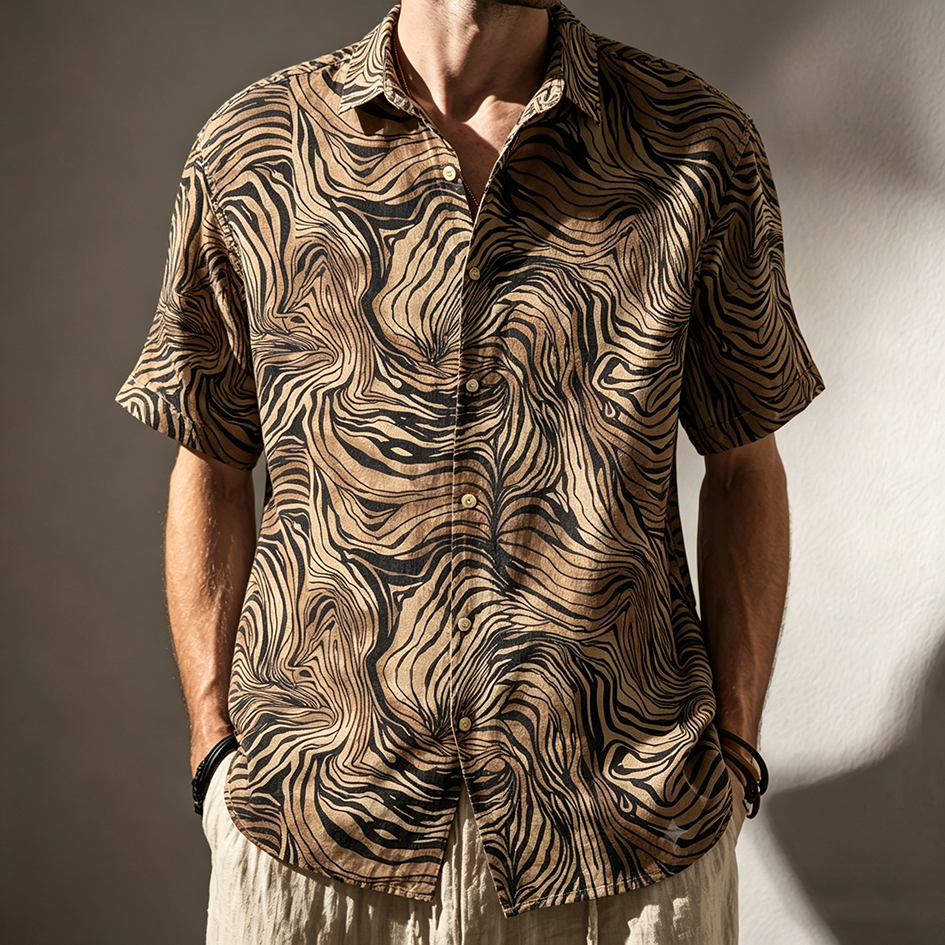 Comstylish Retro Leopard Print Design Casual Linen Shirt