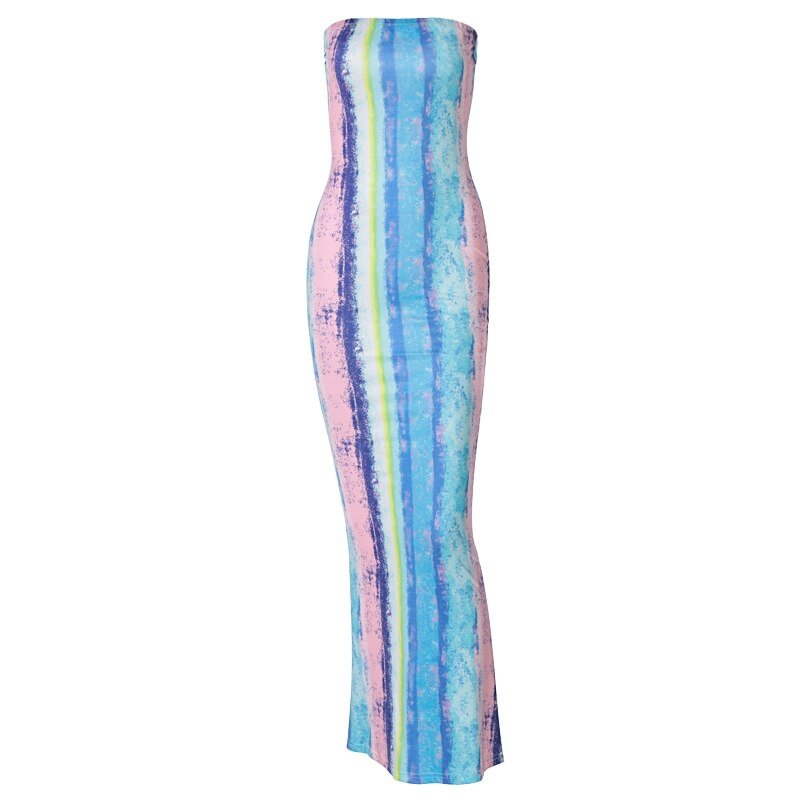 Toloer Tie Dye Skinny Strapless Maxi Dresses For Women Casual Street Sleeveless Sexy Tube Clubwear Party Birthday Dress Summer Clothes