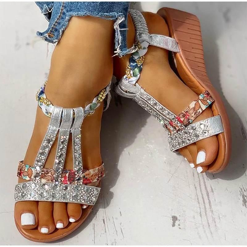 2021 Women's Sandals Summer Bohemia Platform Wedges Shoes Crystal Gladiator Rome Woman Beach Shoes Casual Elastic Band Female