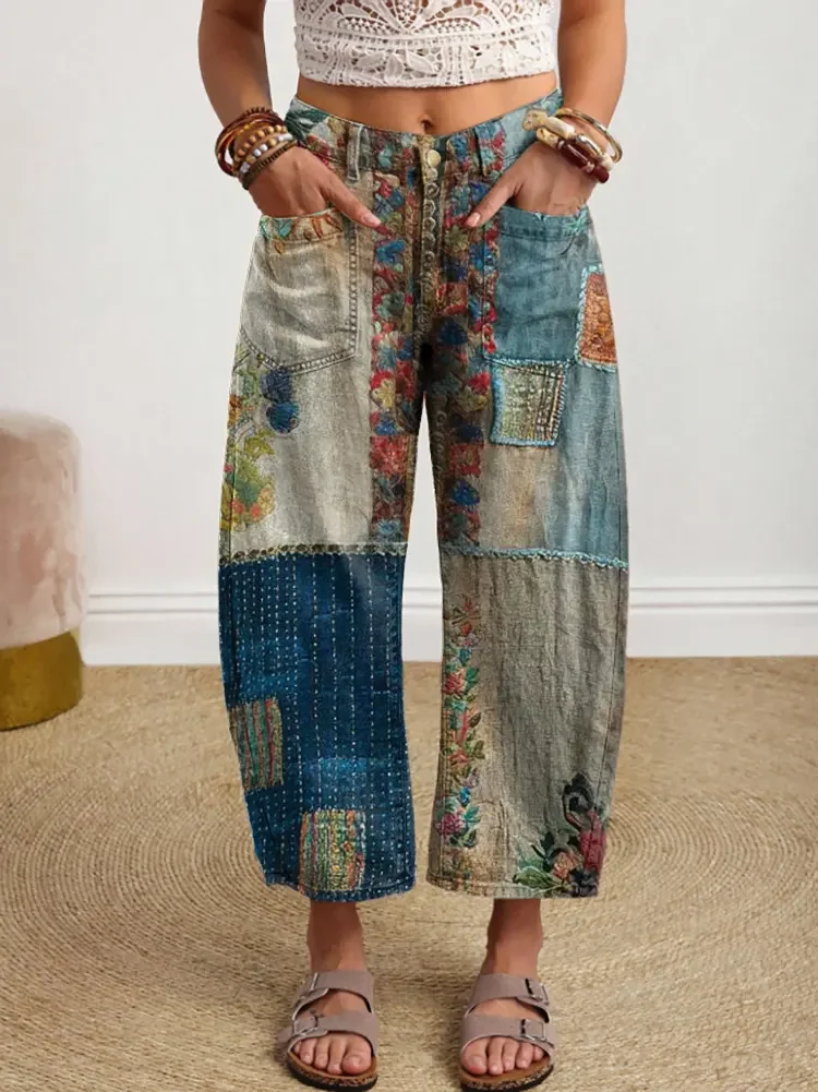 Women's Vintage Floral Pattern Art Print Jeans
