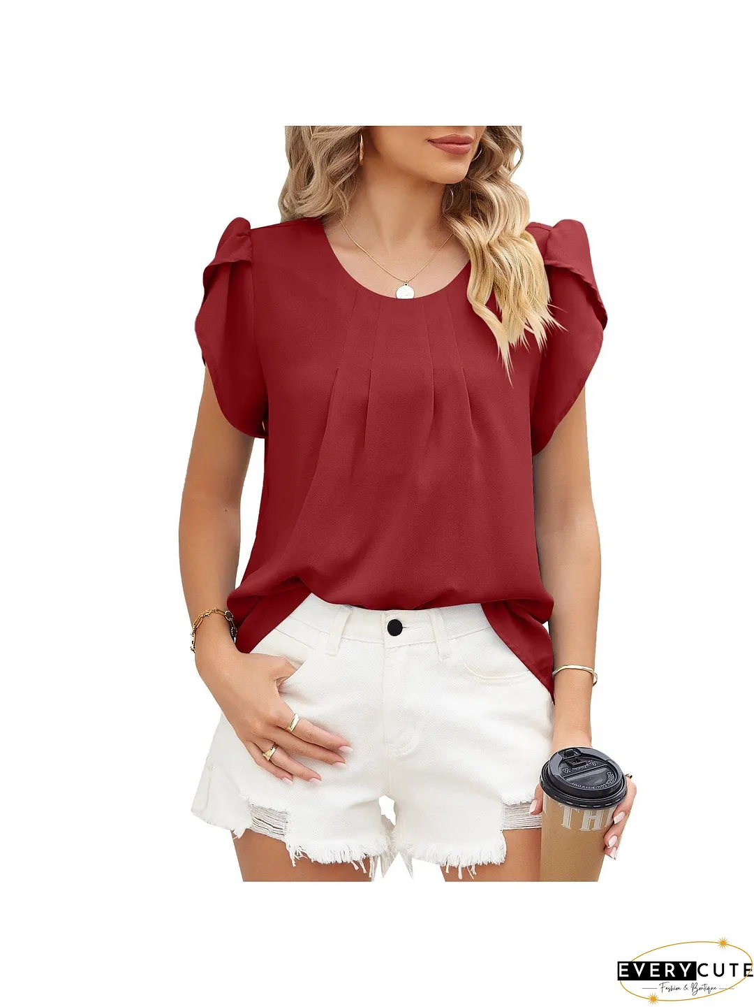 Loose-Fitting Short Sleeve Mock Neck Top