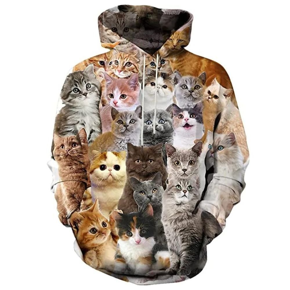 3D Graphic Printed Cotton Brown Cat Hoodies
