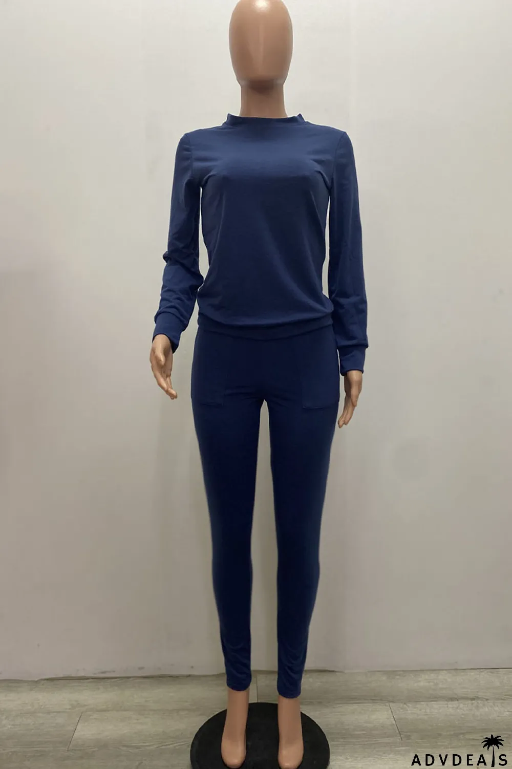 Royal blue Daily Solid Split Joint Pocket O Neck Long Sleeve Regular Sleeve Regular Two Pieces