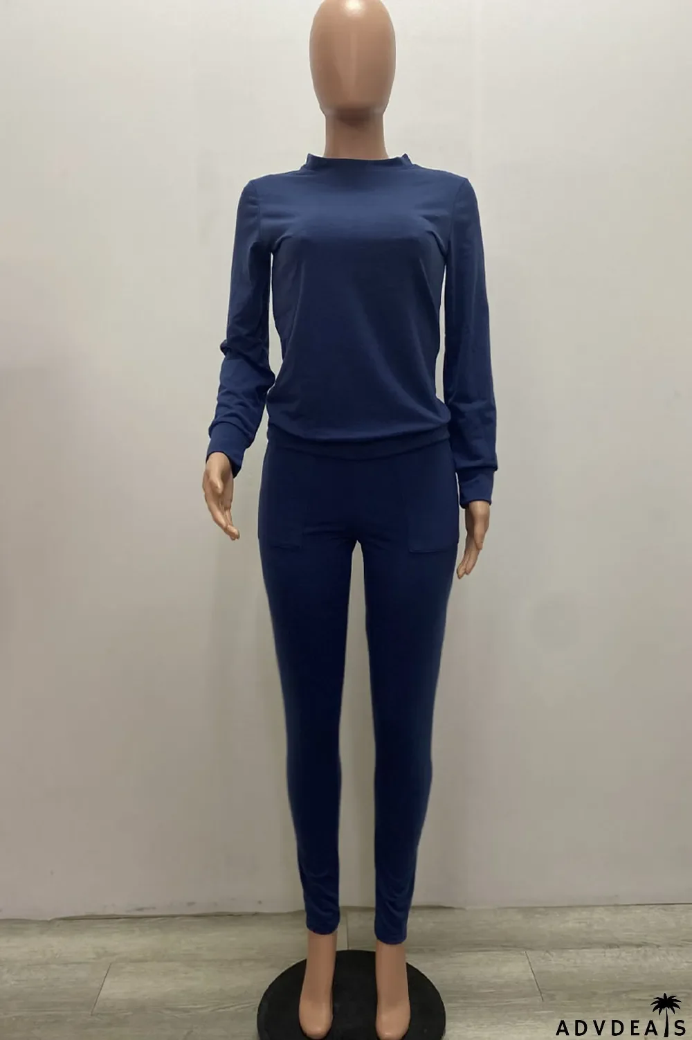 Royal blue Daily Solid Split Joint Pocket O Neck Long Sleeve Regular Sleeve Regular Two Pieces