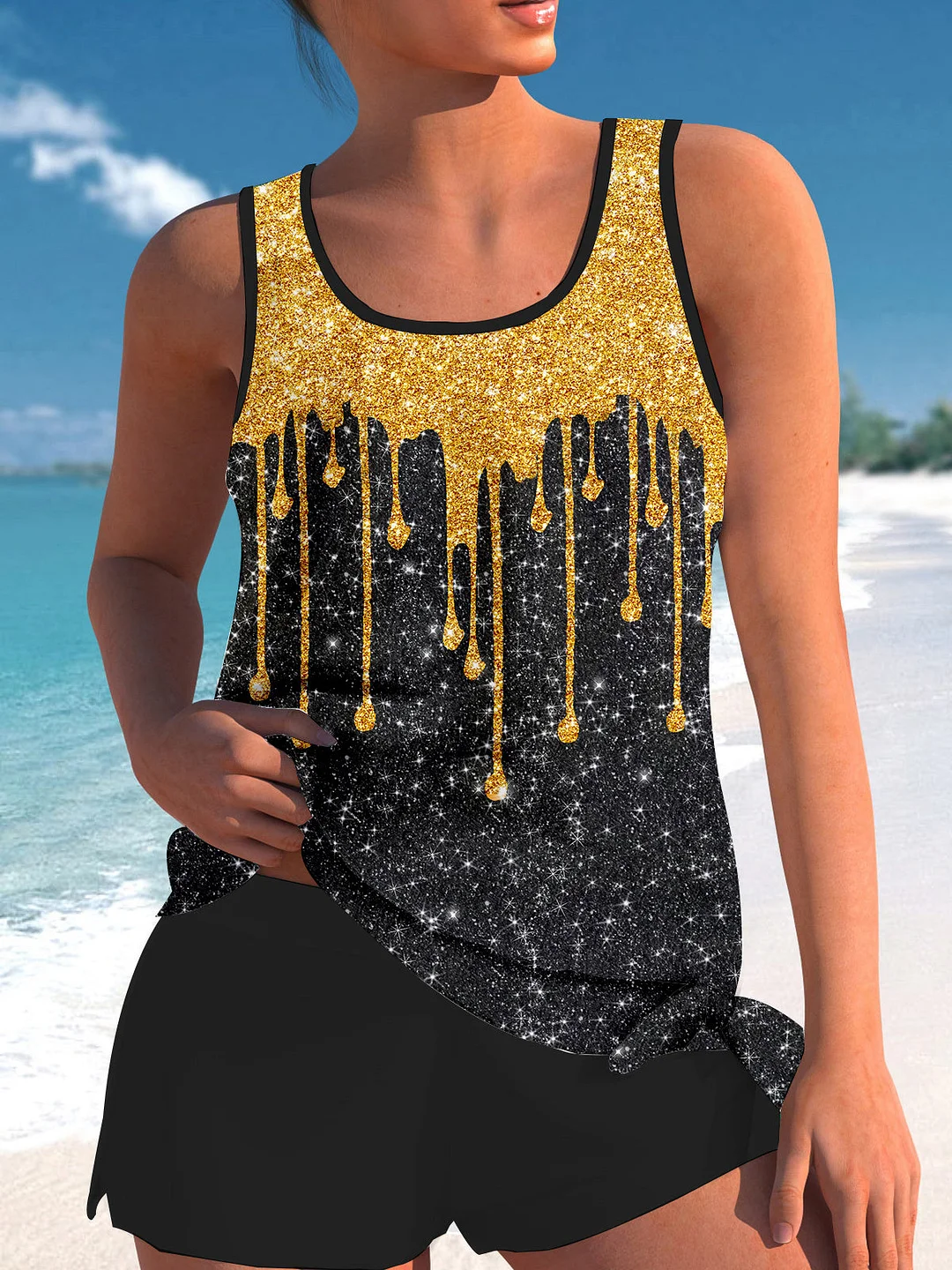 Bowknot Yellow Graphic Printed Mid Waisted Tankini Set - Plus Size Available
