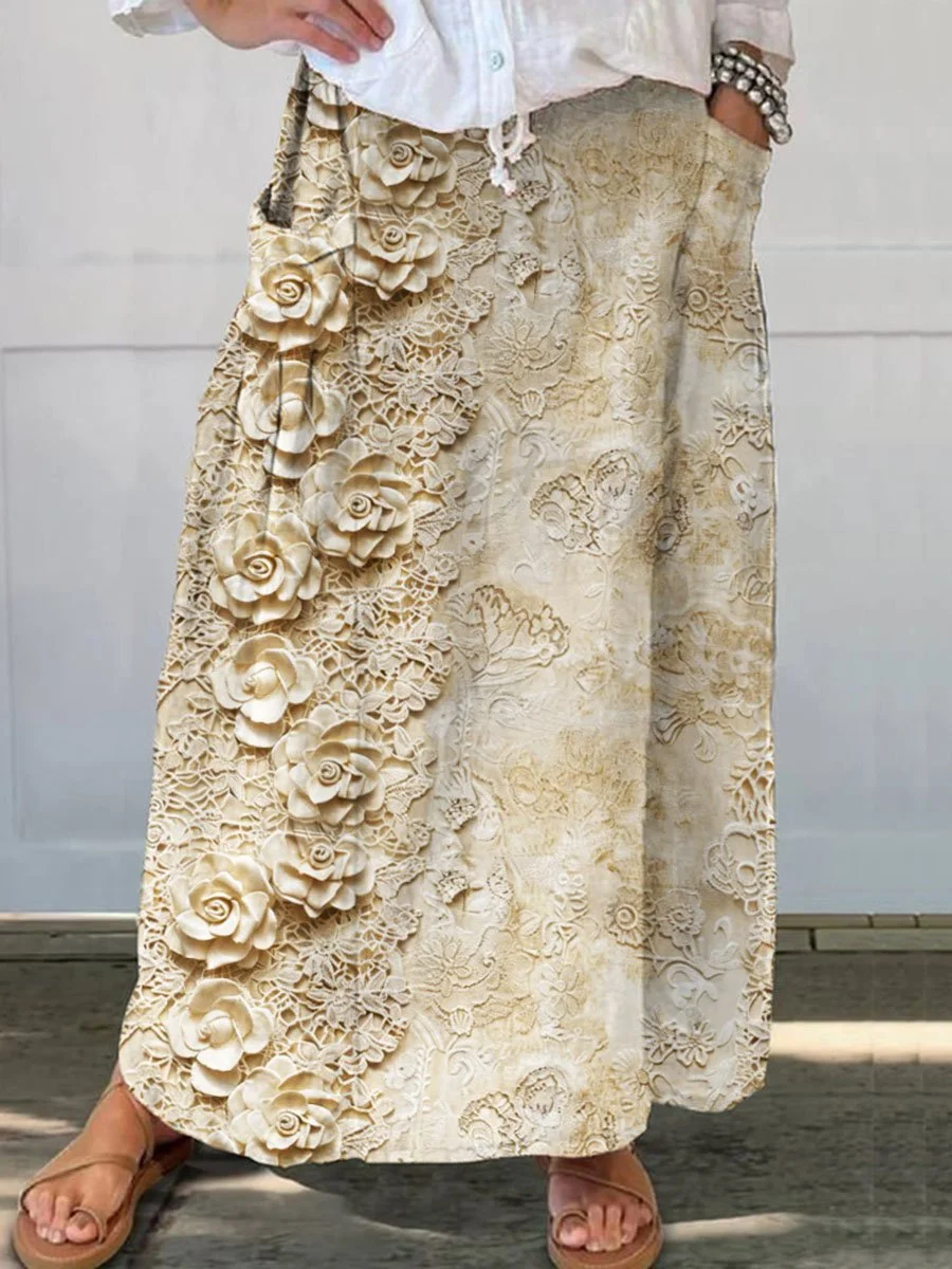 Women's  Vintage Lace Printed  Linen Pocket Skirt