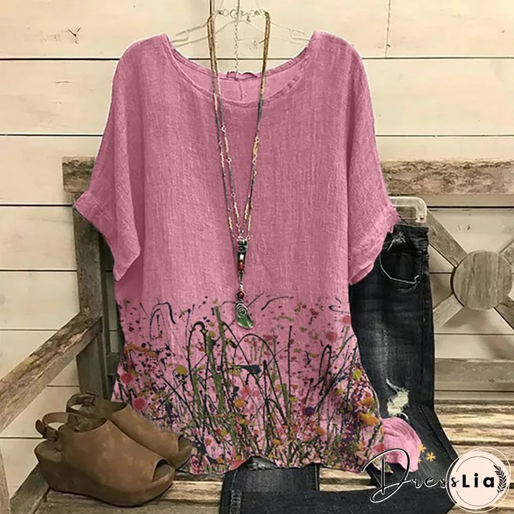 Violet Floral Short Sleeve Cotton-Blend Shirts & Tops