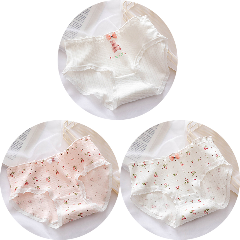 Damokan 3Pcs/set Women Underwear Pure Cotton Lace Comfort Panties Lovely Cute Girl Lingerie Mid-Waist Briefs Floral Bow-knot Underpants