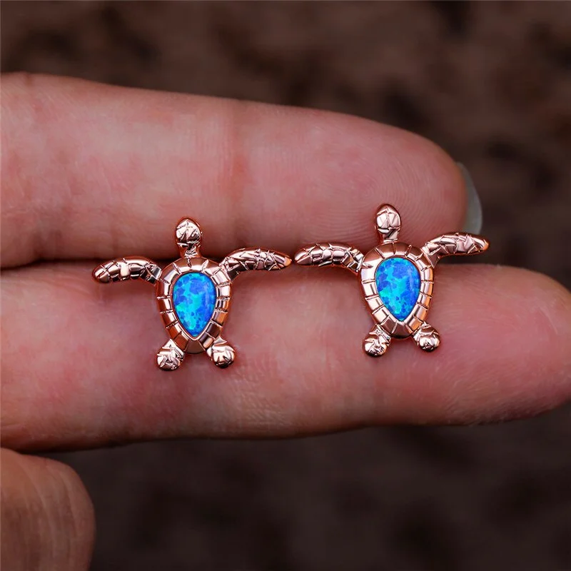 Vintage Female Sea Turtle Small Earrings Rose Gold Silver Color Stud Earrings Cute Blue Opal Stone Wedding Earrings For Women