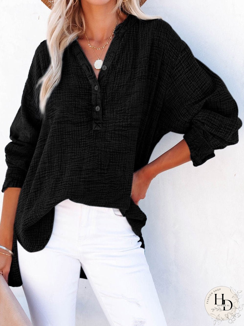 Crinkled Black Loose-fit V-Neck Henley Top