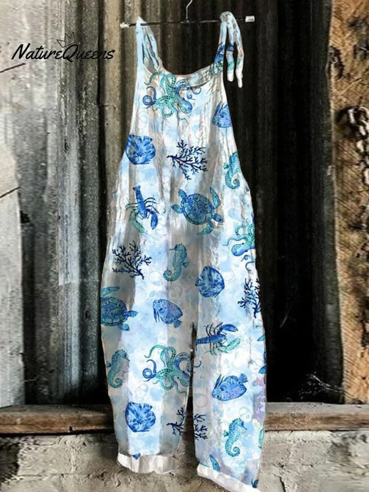 Blue Marine Life Linen Blend Loose Casual Jumpsuit
