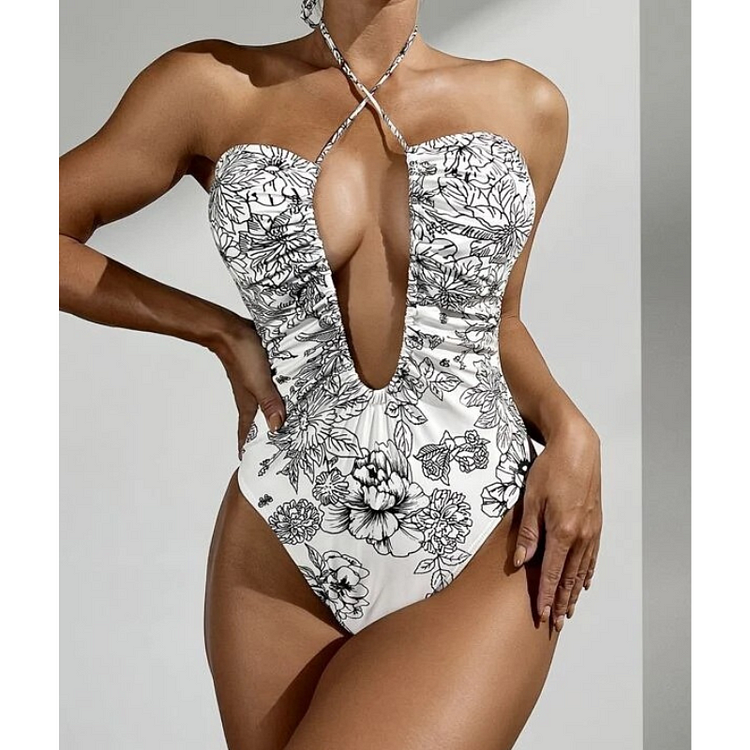 Random Floral Print Ruched Cross Halter One Piece Swimsuit