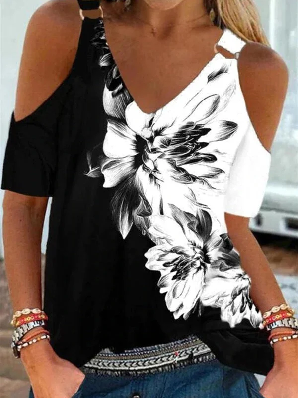 Metal Ring Black and White Flower Tunic Top