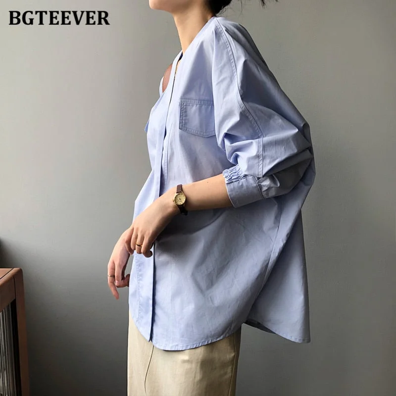 BGTEEVER Casual Oversized Solid Women Blouses Shirts V-neck Full Sleeve Loose Female Tops Shirts 2021 Autumn Ladies Blusas