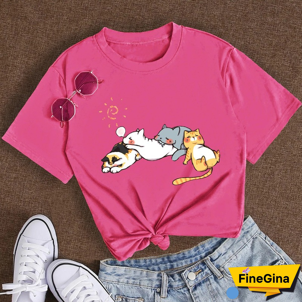 Cotton 100% Women's T Shirt Summer Short Sleeve Nap Cat Print Fashion Kawaii Female Clothes Casual O-Neck Tshirt Ladies Tee Tops