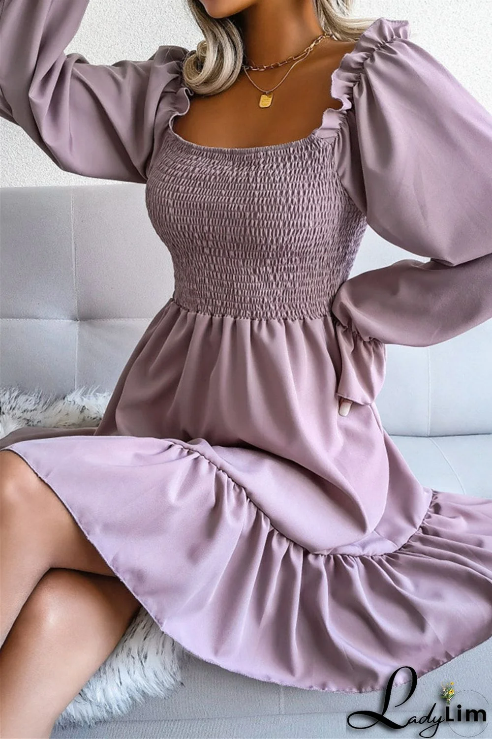 Burgundy Fashion Casual Solid Patchwork Square Collar Long Sleeve Dresses