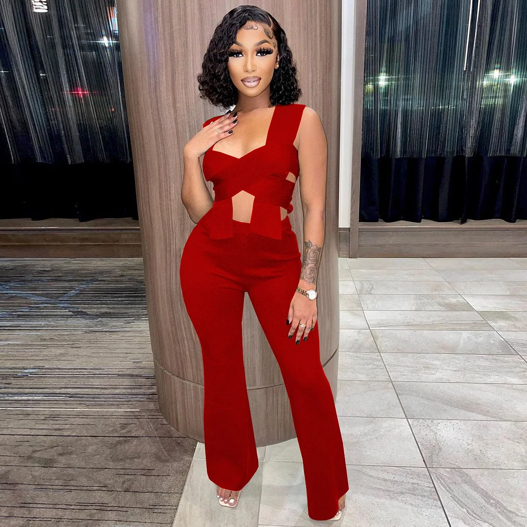 CM.YAYA Sexy Women's Tracksuit Halter Neck Twist Crop Tops and Straight wide leg Pants Suit Matching Two 2 Piece Set Outfits