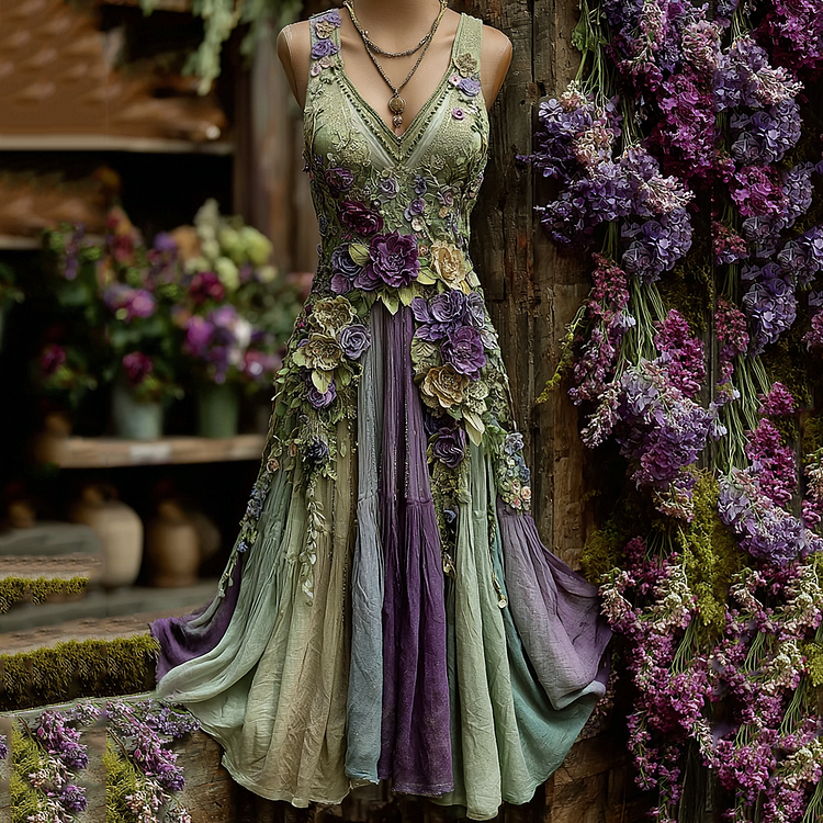 Vintage Classy Gradient Purple Lavender And Floral Embroidered Pattern Linen V Neck Maxi Dress