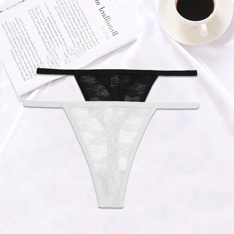 FINETOO 2PCS/Set Women Lace G-string Panties Thongs Sexy Underwear Pantys Low-Waist Femme Underpants Mesh Transparent  Lingerie