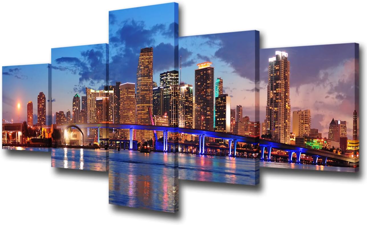 5 Panels Wall Art Canvas Print Miami Beach Skyline Night Cityscape Miami City Canvas Print Miami Night Art Canvas Print Unsleep City Ny City Picture for Living Room Ready to Hang - 50 inch W x 24 inch H 50&#034;W x 24&#034;H
