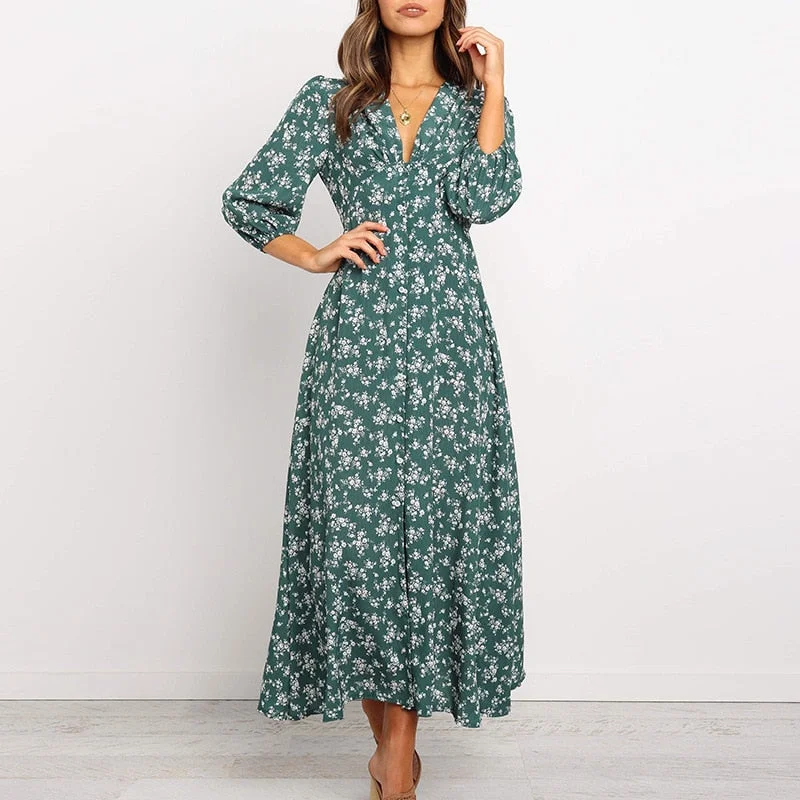 Women Summer Elegant Floral Print Maxi Dress 2022 Boho Three Quarter Sleeve V Neck Casual Office Long Dress Beach Robe Tunic