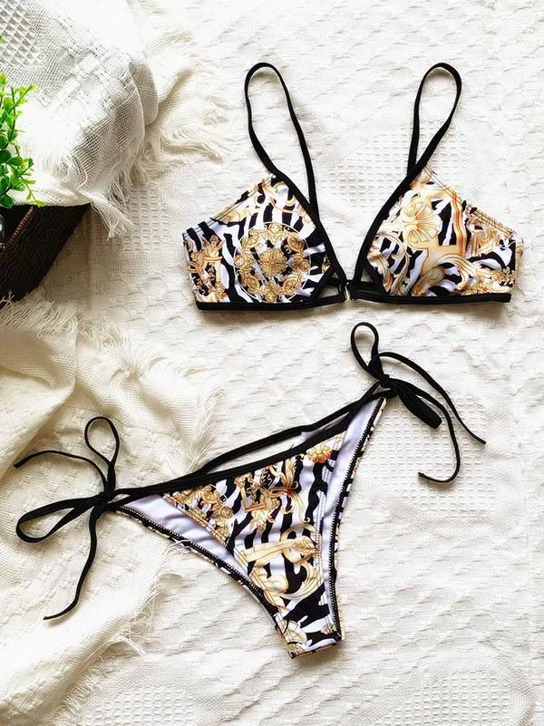 Vintage Print Hollow Triangles Split Bikini Swimsuit