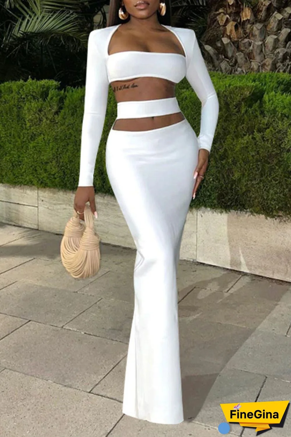 White Sexy Solid Hollowed Out Patchwork Square Collar Long Sleeve Two Pieces