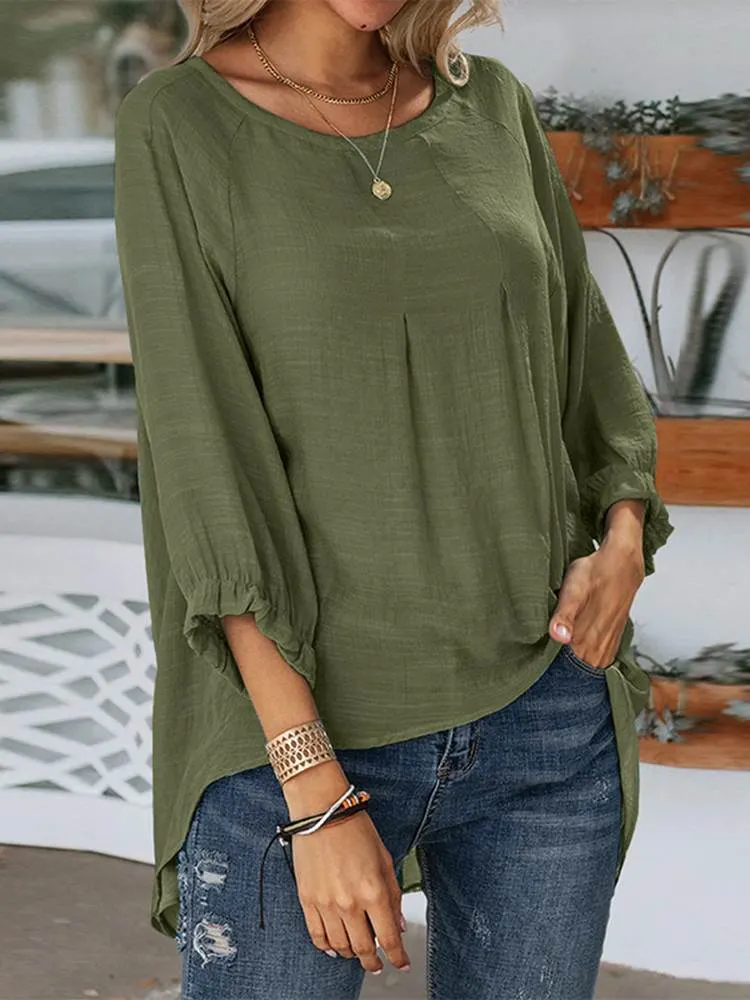 ZANZEA Women Elegant 3/4 Sleeve Solid Blouse Autumn Asymmetrical Shirt Vintage Casual Loose Blusas Chemise Oversized Tunic Tops