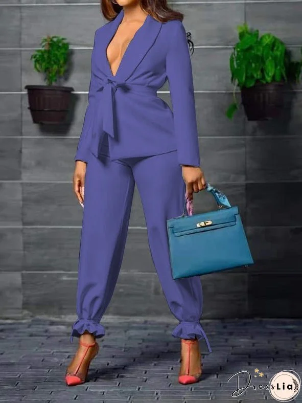 Sets Solid Lace-Up Blazer & Pants Two Piece Set for Women