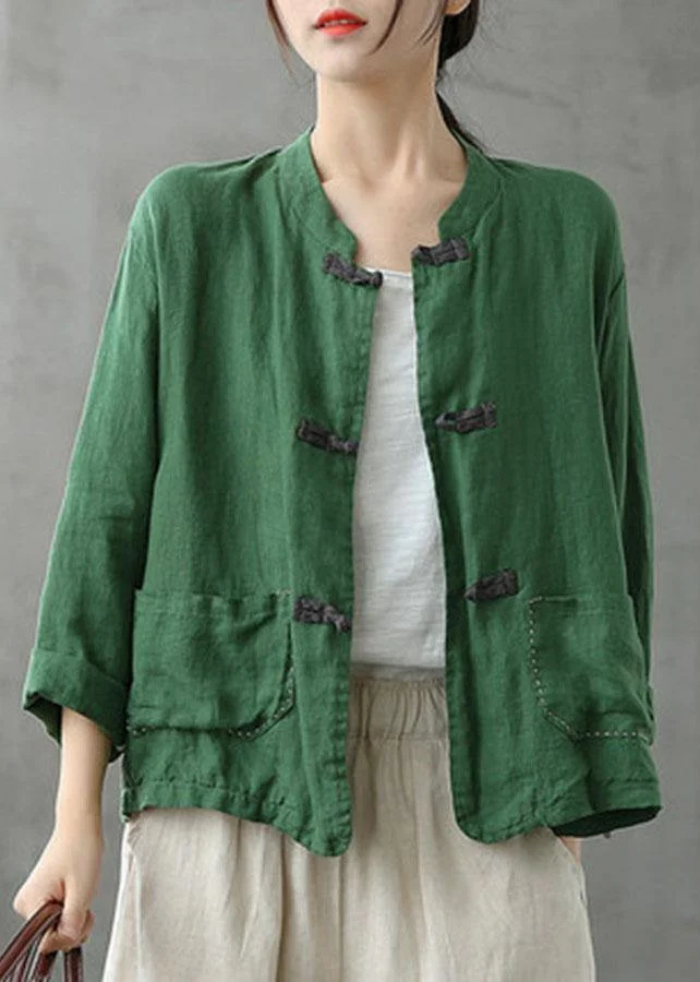Boutique Green Stand Collar Embroideried Patchwork Linen Coat