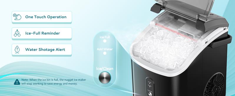 Product Introduction of EUHOMY Nugget Ice Maker Countertop with Handle, Ready in 6 Mins, 33lbs/24H, Removable Top Cover, Auto-Cleaning, Portable Pebble Ice Maker with Basket and Scoop, for Home/Kitchen/Party/Camping 2