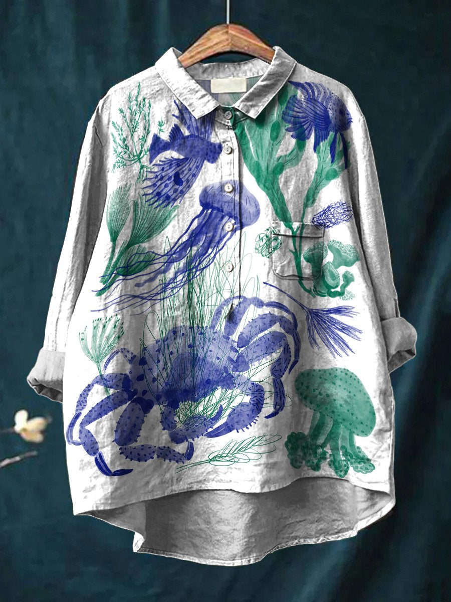 Watercolor Sea Life and Plant Decorative Pattern Casual Cotton And Linen Shirt