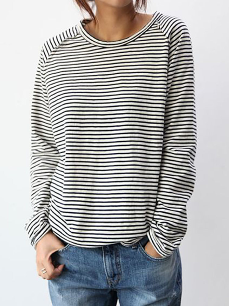 Comstylish Casual Stripe Printed Round Neck Long Sleeve Tunic