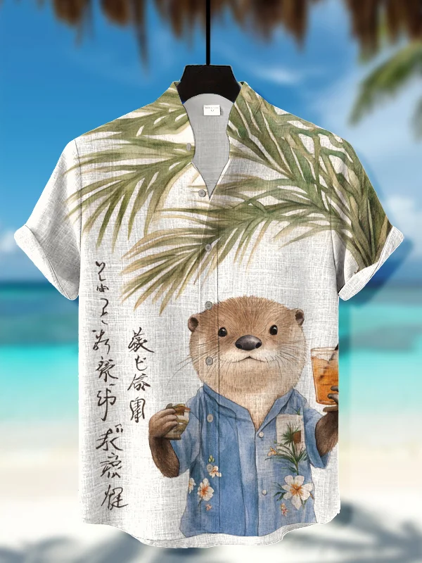 Men's Holiday Otter Calligraphy Art Print Short Sleeve Shirt