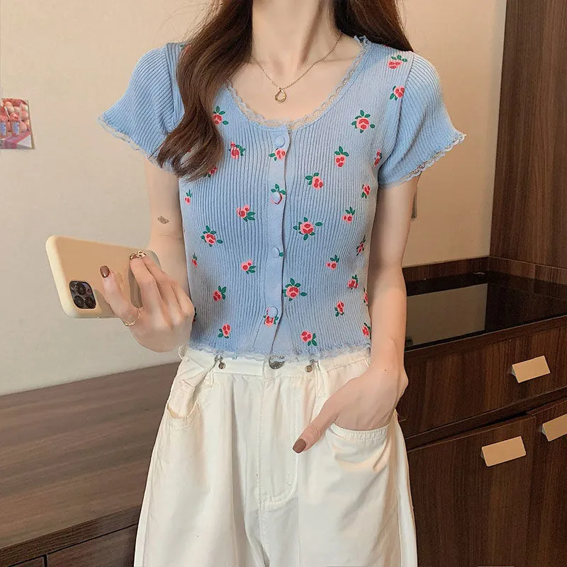 Uveng Uveng Bubble BM Broken Flower T-Shirt New Short Ins Lace Korean Version Sweet Renoval Sweet Sleeve T-Shirt