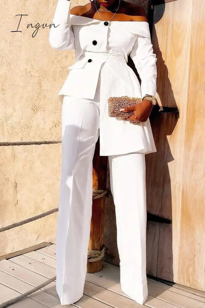 Ingvn - Elegant Solid Patchwork Buttons Asymmetrical Off The Shoulder Long Sleeve Two Pieces White