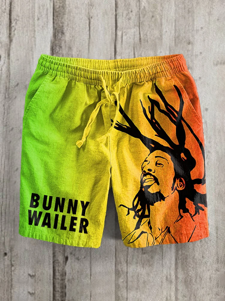 Comstylish Men's Bunny Wailer Print Linen Blend Casual Shorts