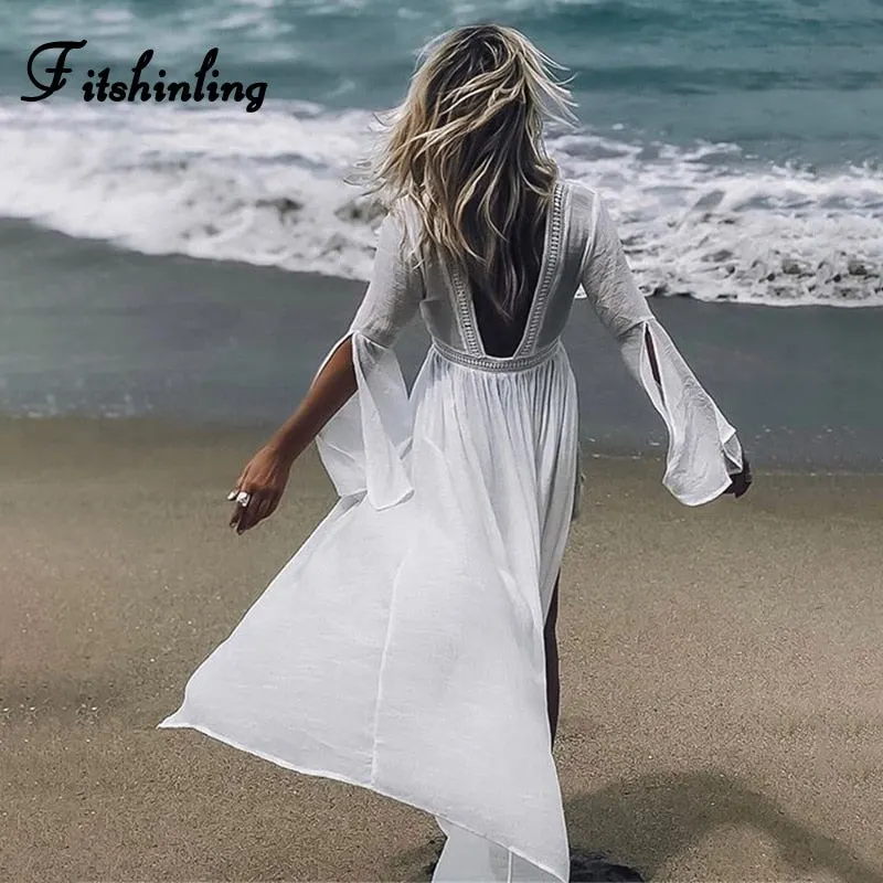 Fitshinling Backless v neck beach cover up swimwear lace splice split flare sleeve white long cardigan summer bikini outerwear