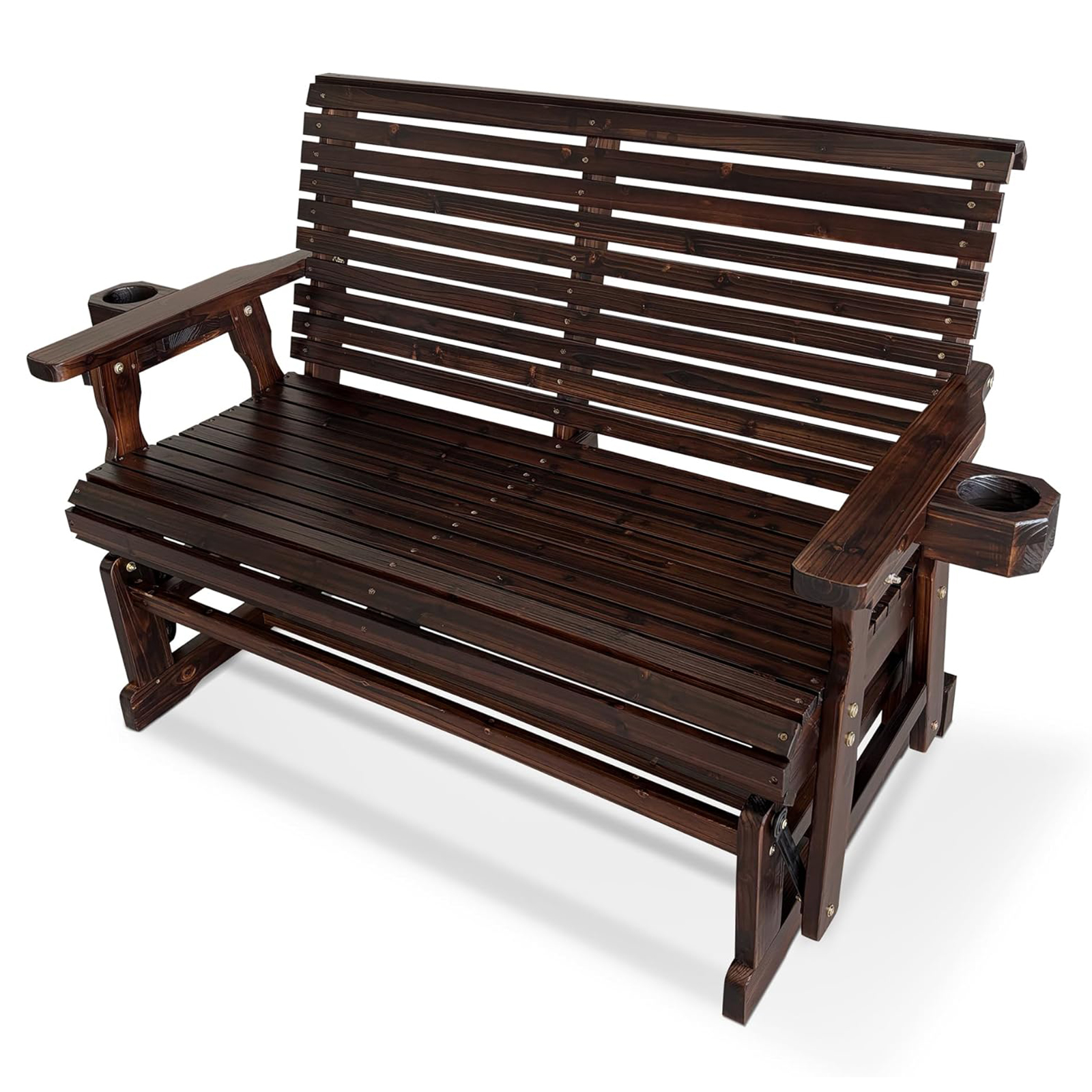Outdoor Deep Brown Wooden Porch Glider with Cup Holder - 2 Seater