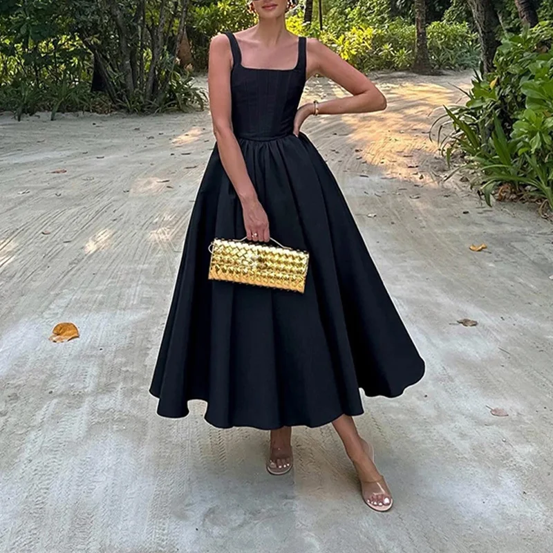 Brownm Brownm 2024 New Women's Elegant Literary Wind Off-Shoulder Vest Sleeveless Large Hem Dress