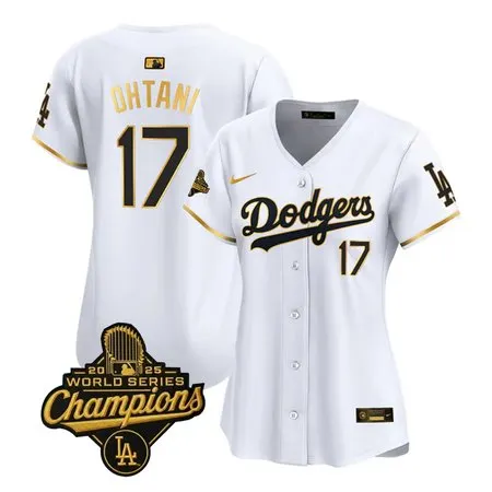 Women's Los Angeles Dodgers #17 Shohei Ohtani  White Golden 2025 World Series Champions Home Limited Jersey