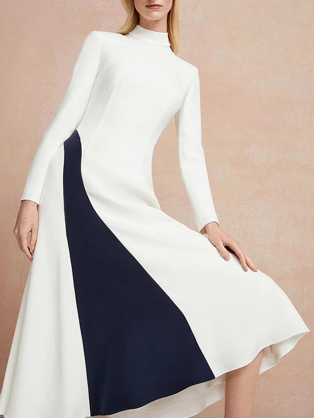 Turtleneck White A-Line Elegant Midi Dress